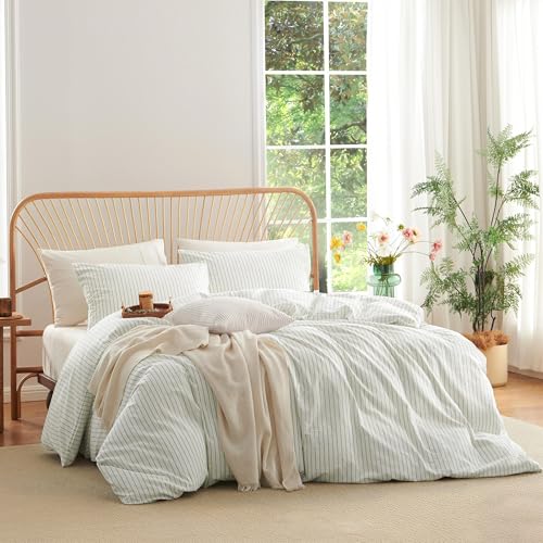 Nayoroom Striped Duvet Cover Queen Size 100% Washed Cotton White Green Stripe Duvet Cover 3 Pieces Soft Breathable Girls Dorm Bedding Set for All Seasons, Yarn Dyed Process - Image 2