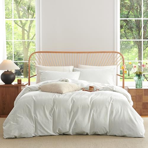 Nayoroom Striped Duvet Cover Queen Size 100% Washed Cotton White Green Stripe Duvet Cover 3 Pieces Soft Breathable Girls Dorm Bedding Set for All Seasons, Yarn Dyed Process - Image 5