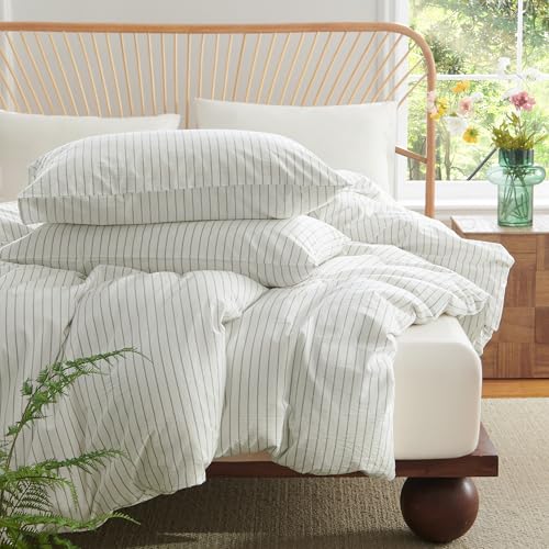 Nayoroom Striped Duvet Cover Queen Size 100% Washed Cotton White Green Stripe Duvet Cover 3 Pieces Soft Breathable Girls Dorm Bedding Set for All Seasons, Yarn Dyed Process - Image 4