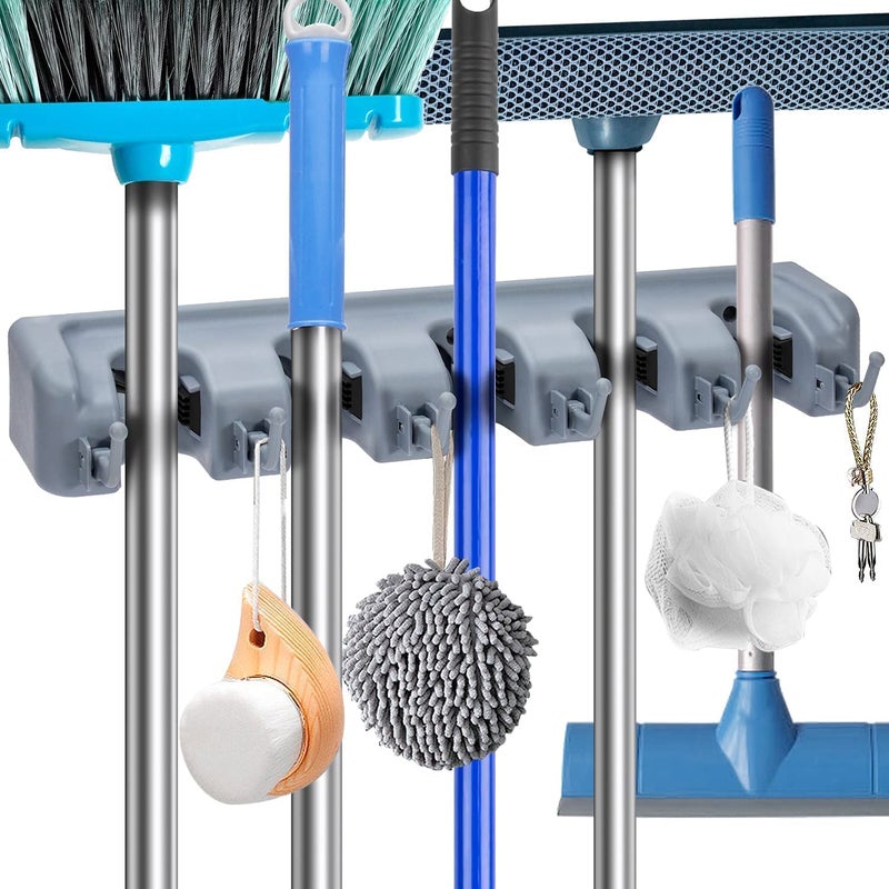 PH BROTHER Mop and Broom Holder Upgraded with Effective Strong Holding 5 Slot Position with 6 Hooks Garage Storage Tools Wall MountedBroom Holder Wall MountedHangers for WallMulticolour