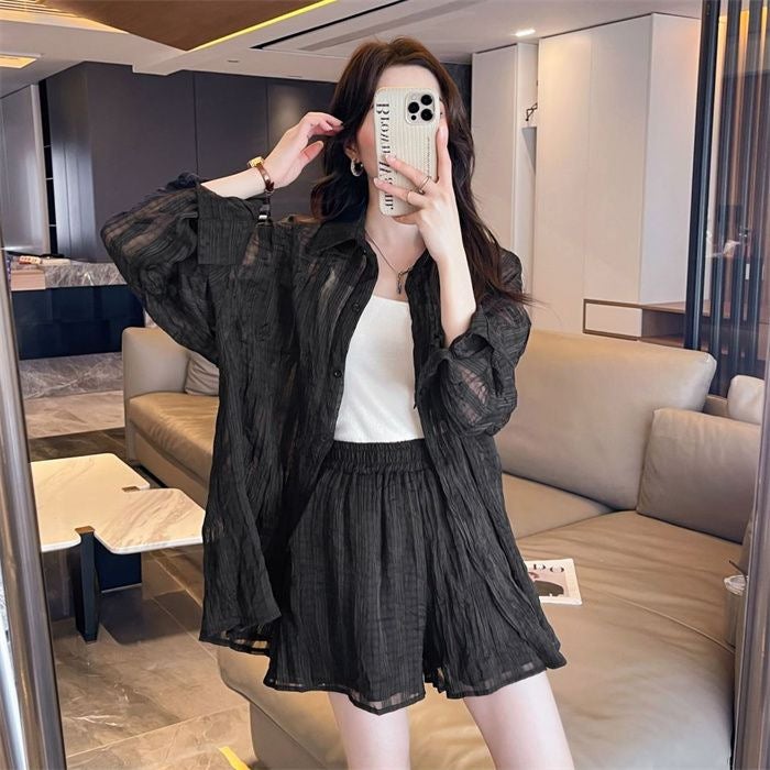 Lightweight Sun Protection Breathable Polo Collar Cardigan Shorts Shirt Summer Two-Piece Suit Korean Style Loose, Fashionable and Versatile Classic black [two-piece set]