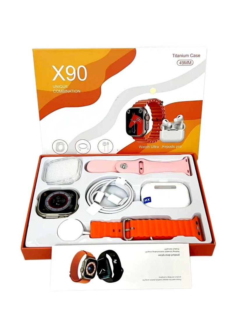 HW - Smartwatch X90 Ultra Series Sports Watch With Health Fitness Tracker Support Nfc + Additional Replacement Strap 49mm +Airpods Pro Bluetooth Headphones Orange - Image 1