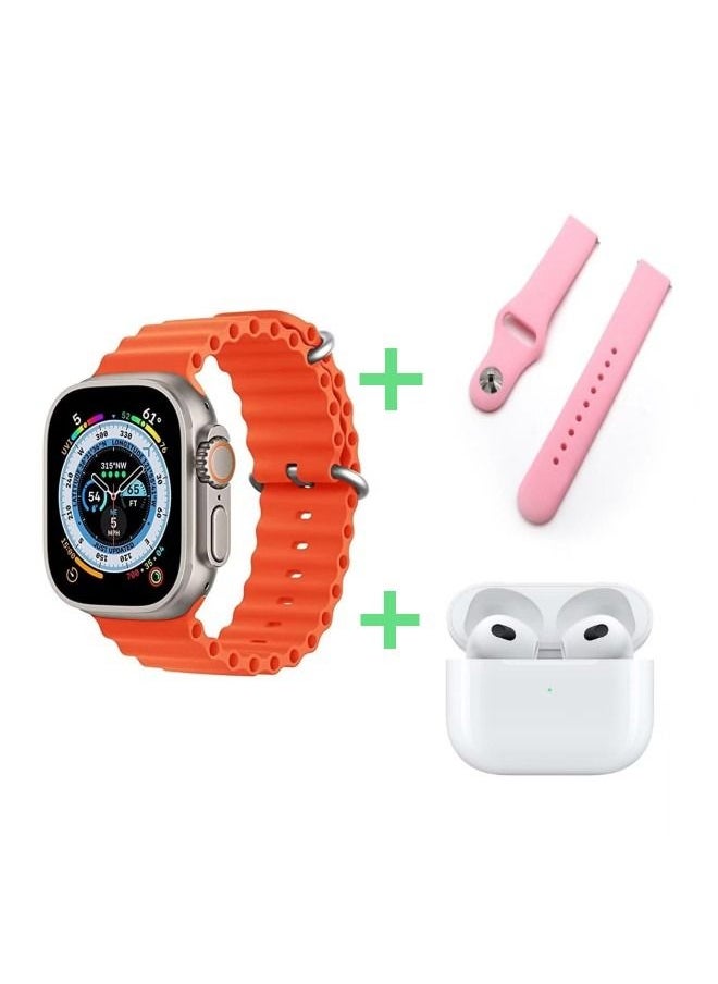 HW - Smartwatch X90 Ultra Series Sports Watch With Health Fitness Tracker Support Nfc + Additional Replacement Strap 49mm +Airpods Pro Bluetooth Headphones Orange - Image 1