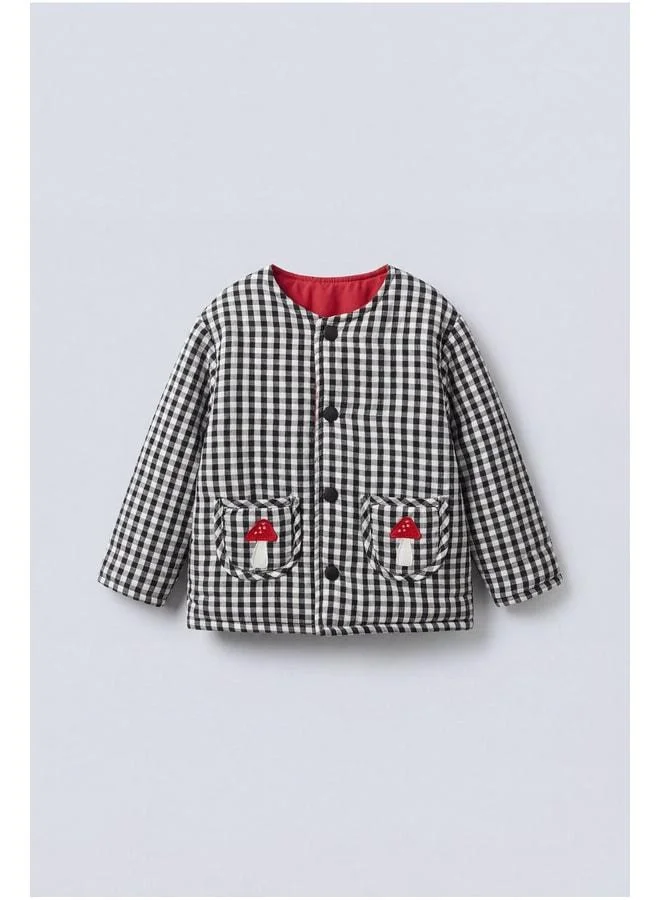 Magu Unisex Kids' Cotton Black and White Checkered Jacket with Mushroom Embroidery - Snap Button Detail