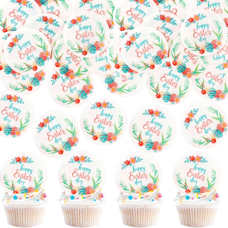 Ercadio 40Pcs Edible Circle Happy Easter Day Cupcake Drink Toppers Round Floral Easter Cupcake Picks for Easter Baby Shower Spring Birthday Party Cake Decorations Supplies - Image 1