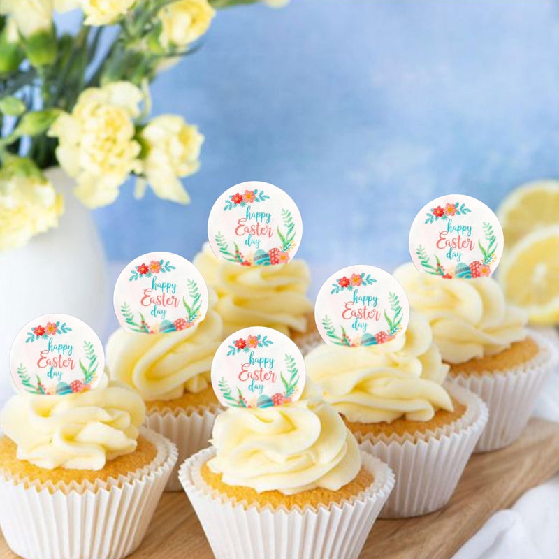 Ercadio 40Pcs Edible Circle Happy Easter Day Cupcake Drink Toppers Round Floral Easter Cupcake Picks for Easter Baby Shower Spring Birthday Party Cake Decorations Supplies - Image 3