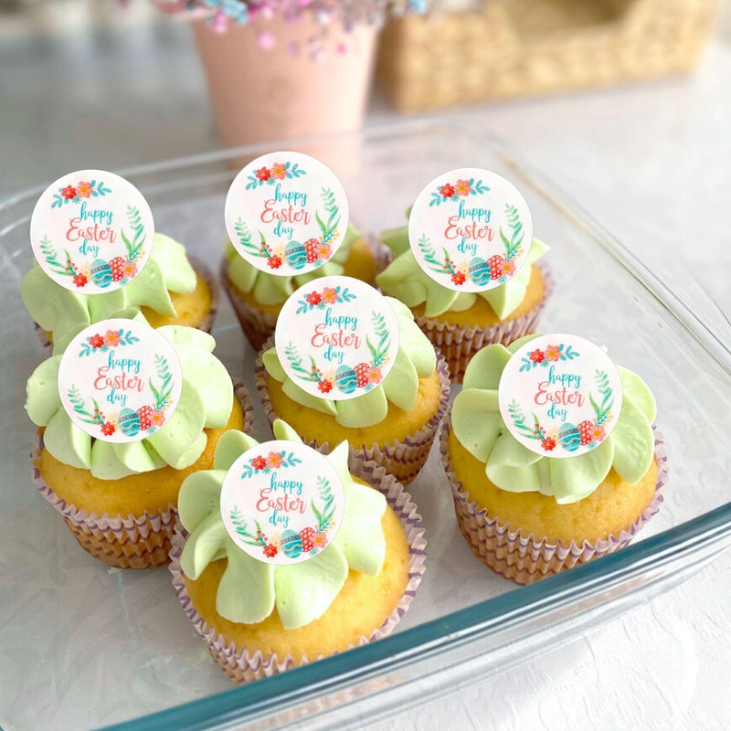 Ercadio 40Pcs Edible Circle Happy Easter Day Cupcake Drink Toppers Round Floral Easter Cupcake Picks for Easter Baby Shower Spring Birthday Party Cake Decorations Supplies - Image 5