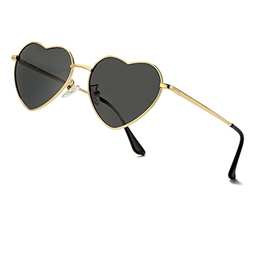JOVAKIT Polarized Heart Sunglasses for Women Fashion Lovely Style Metal Frame UV400 Protection Lens (Gold/Grey) - Image 1
