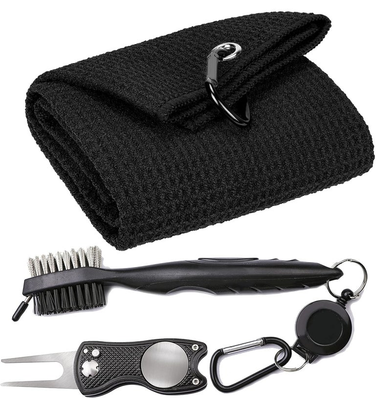 VIVIDLY Black 16 x 24 Waffle Pattern Trifold Golf Towel Set  Golf Club Brush  Golf Divot Tool