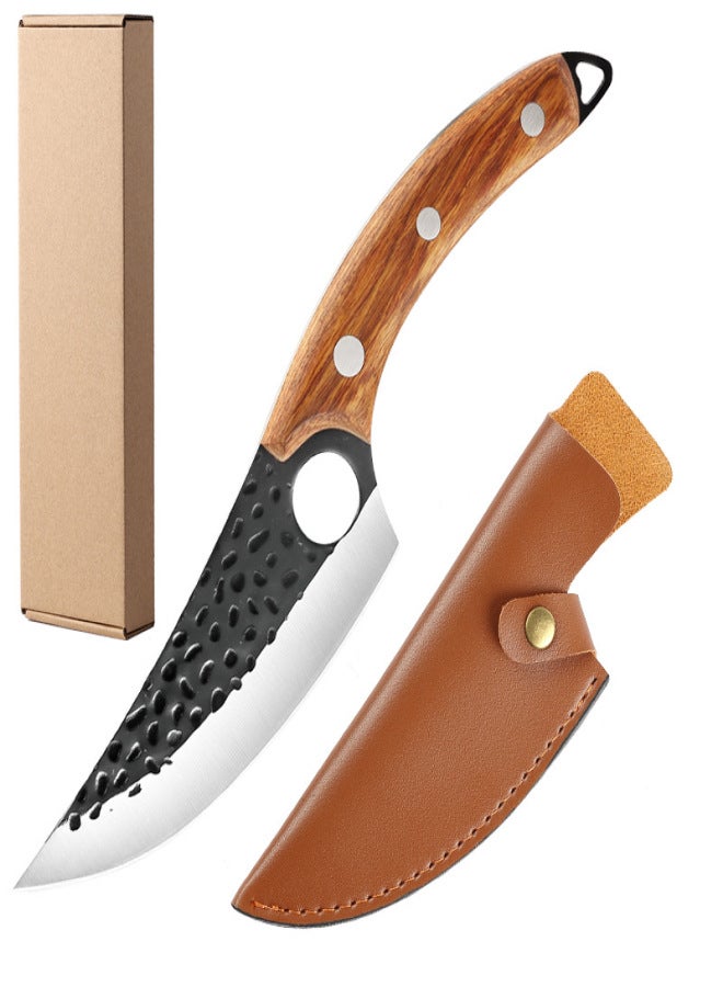 Hammer-grain forging slaughter boning machete slicing meat to kill fish, pig and sheep to peel multi-purpose knife sharp slicing knife(Rosewood Handle Scimitar PU Leather Case Cowhide Box) - Image 1