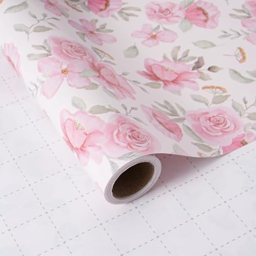 ZINTBIAL Pink Floral Wrapping Paper Roll Watercolor peonies and leaves Design 17 Inches x 165 Feet Gift Wrap for Wedding Bridal Shower Birthday Mothers Day Cut Lines on Back - Image 2