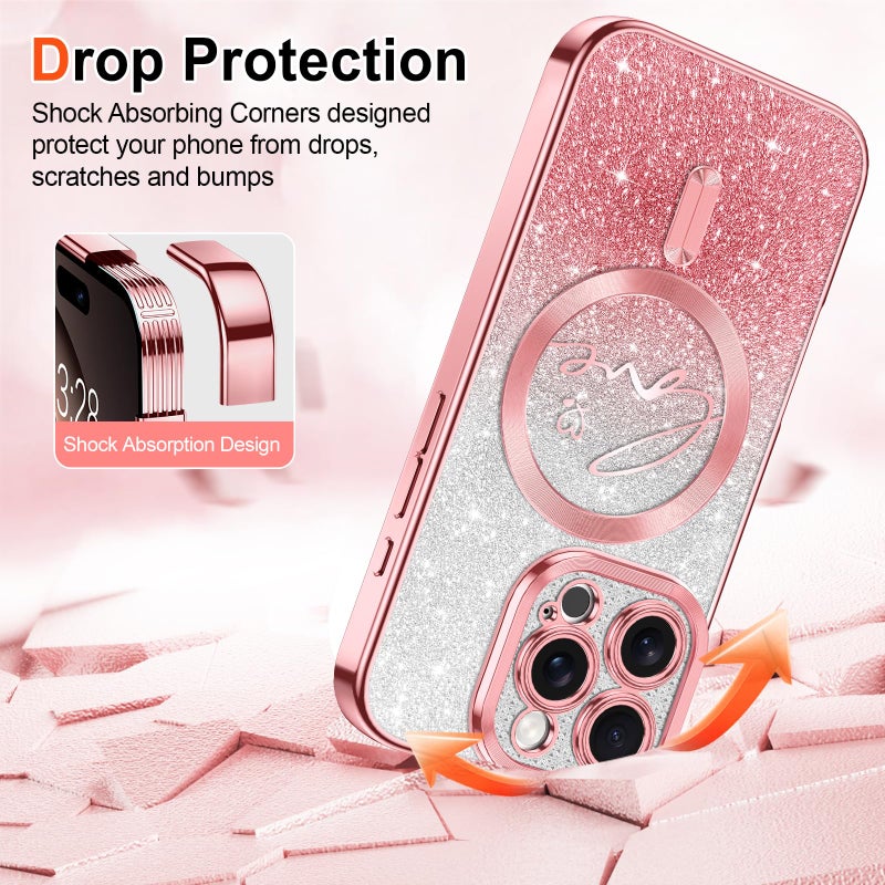 Hython for iPhone 16 Pro Case Glitter, Compatible with MagSafe Love Heart Magnetic Clear Phone Cases for Women Girls, Full Camera Protection Sparkle Plating Shockproof Protective Cover, Pink - Image 5
