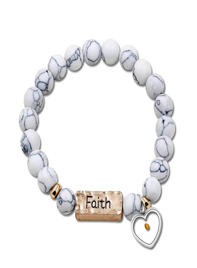 Uloveido Encouragement Bracelets Gift - Natural White Turquoise Stone Faith Bracelets Charms Heart Mustard Seed Strand Bracelet for Women Girls Y2000-1 - Image 1