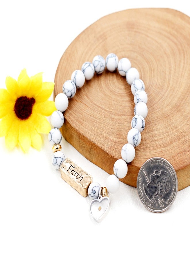 Uloveido Encouragement Bracelets Gift - Natural White Turquoise Stone Faith Bracelets Charms Heart Mustard Seed Strand Bracelet for Women Girls Y2000-1 - Image 5
