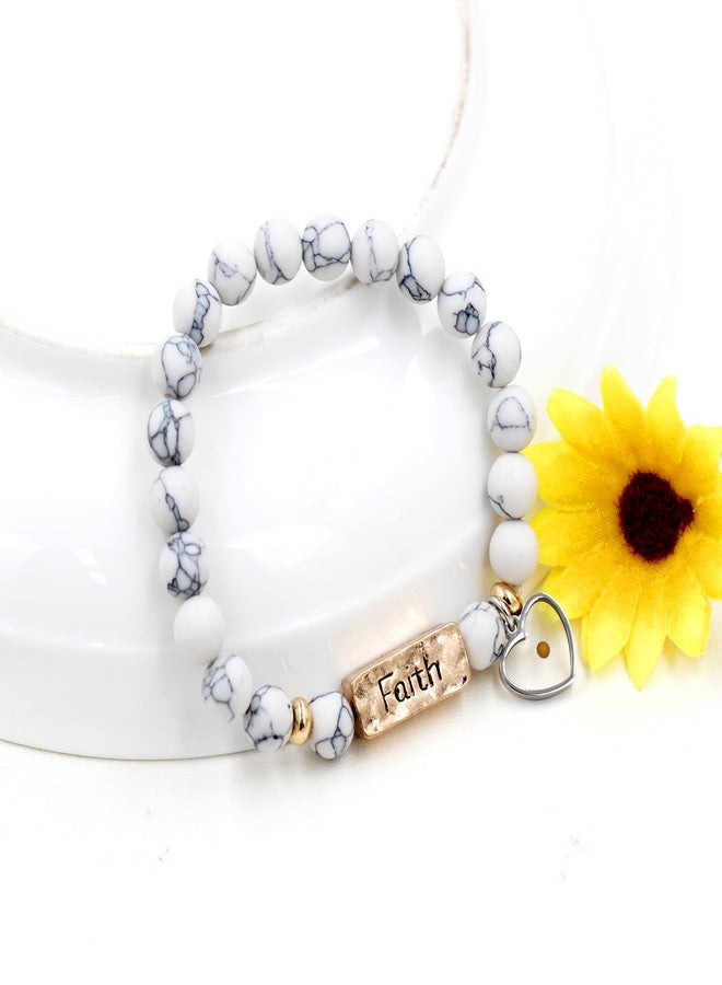 Uloveido Encouragement Bracelets Gift - Natural White Turquoise Stone Faith Bracelets Charms Heart Mustard Seed Strand Bracelet for Women Girls Y2000-1 - Image 3