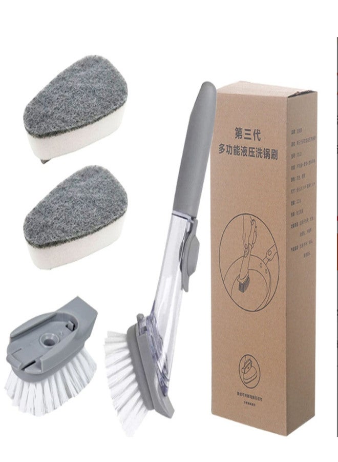 Soap Dispensing Dish Brush and Sponge Household Cleaning Brushes Multifunctional Dishwashing Sponges for Pot Pan Dishes Sink Stovetop Wall Kitchen Supplies (1 Handle + 2 Brush Heads + 2 Sponge Heads) - Image 1