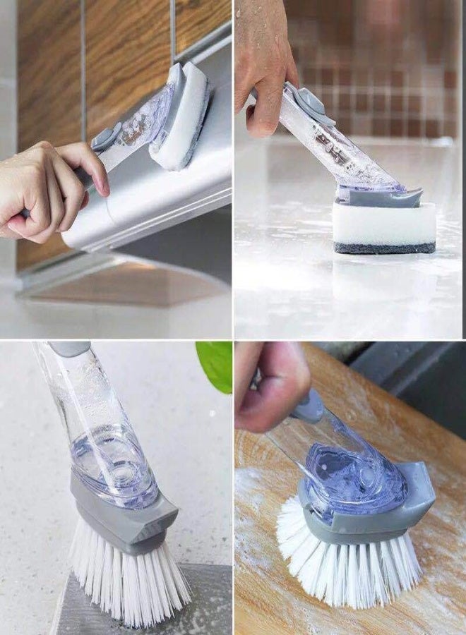 Soap Dispensing Dish Brush and Sponge Household Cleaning Brushes Multifunctional Dishwashing Sponges for Pot Pan Dishes Sink Stovetop Wall Kitchen Supplies (1 Handle + 2 Brush Heads + 2 Sponge Heads) - Image 5