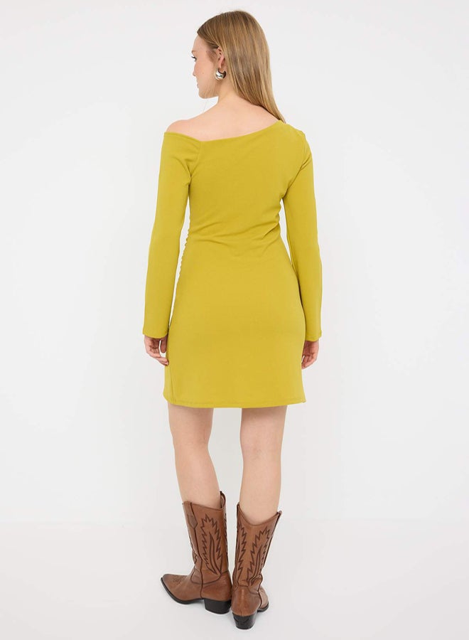 trendyol Oil Green More Sustainable Shirring/Drape Short/Mini Stretchy Knitted Dress - Image 4