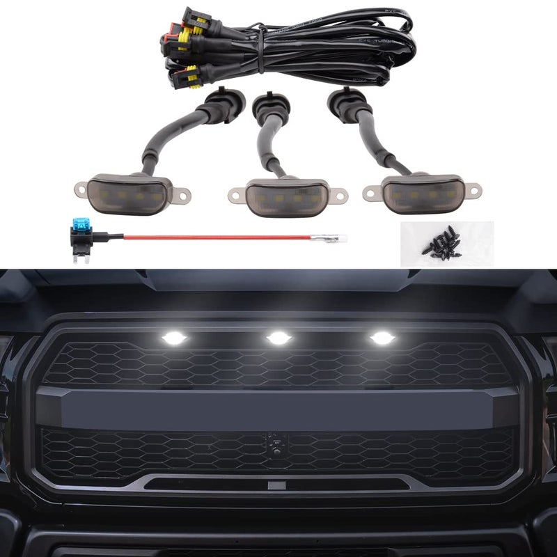 MEALAM White LED Lights 3PCS Front Grille Raptor Lamps Car Accessories with Harness and Fuse Compatible with 20042019 ford F150  20132018 Ram 1500 Raptor Style Aftermarket Grille