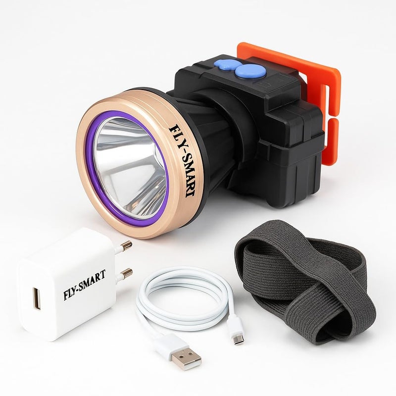 Flysmart Battery Powered Super Bright Head Torch|Waterproof Head Light with 3 Modes|Focusing 90-Degree Pivotable LED|Perfect for Farming,Camping,Hiking,Outdoors,Hunting,Running(Comes with Charger) - Image 1
