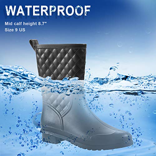 Petrass Women Rain Boots Black Waterproof Mid Calf Lightweight Cute Booties Fashion Out Work Comfortable Garden Shoes, Black 9 - Image 2
