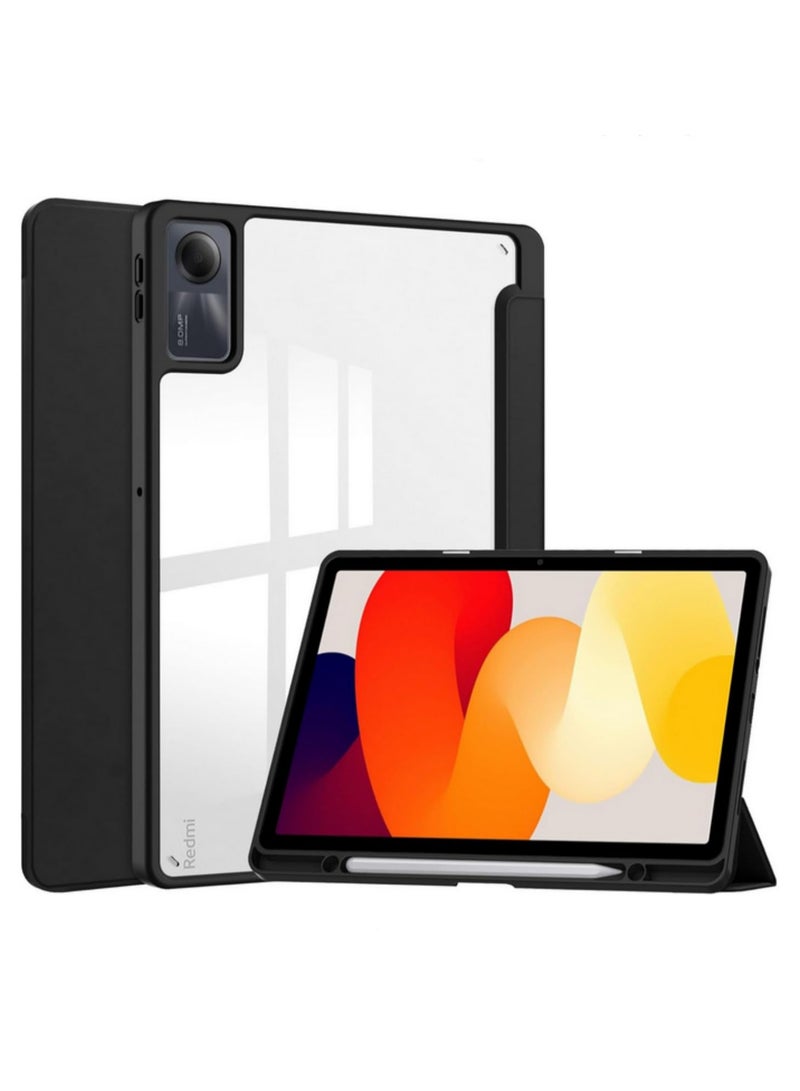 1 قطعة غطاء صدمات لـ Xiaomi Redmi Pad SE 11 إنش مع حامل قلم، خلفية أكريليك شفافة واطار TPU، غطاء قائم ثلاثي الطيات، غلاف واقي رفيع لـ Redmi Pad SE، لون أسود - Image 1