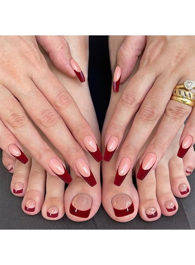 GIFT 48-Piece French Edge Press On Fake Nails, Include Jelly Stickers and Nail File and Small Wooden Stick (Burgundy+Nude Pink) - Image 2