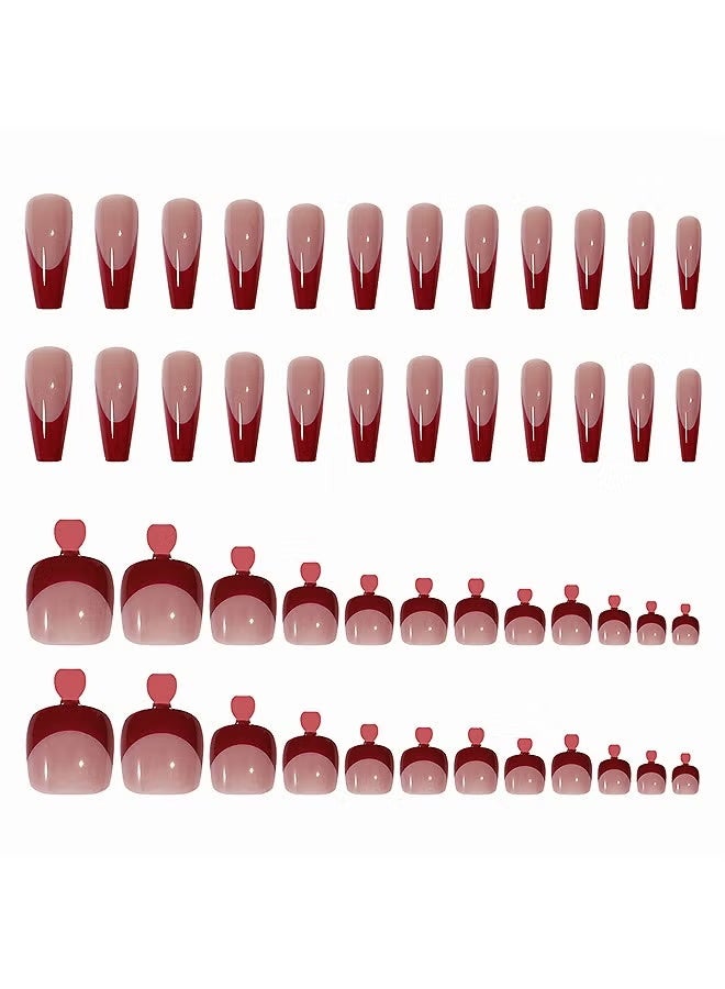 GIFT 48-Piece French Edge Press On Fake Nails, Include Jelly Stickers and Nail File and Small Wooden Stick (Burgundy+Nude Pink) - Image 3