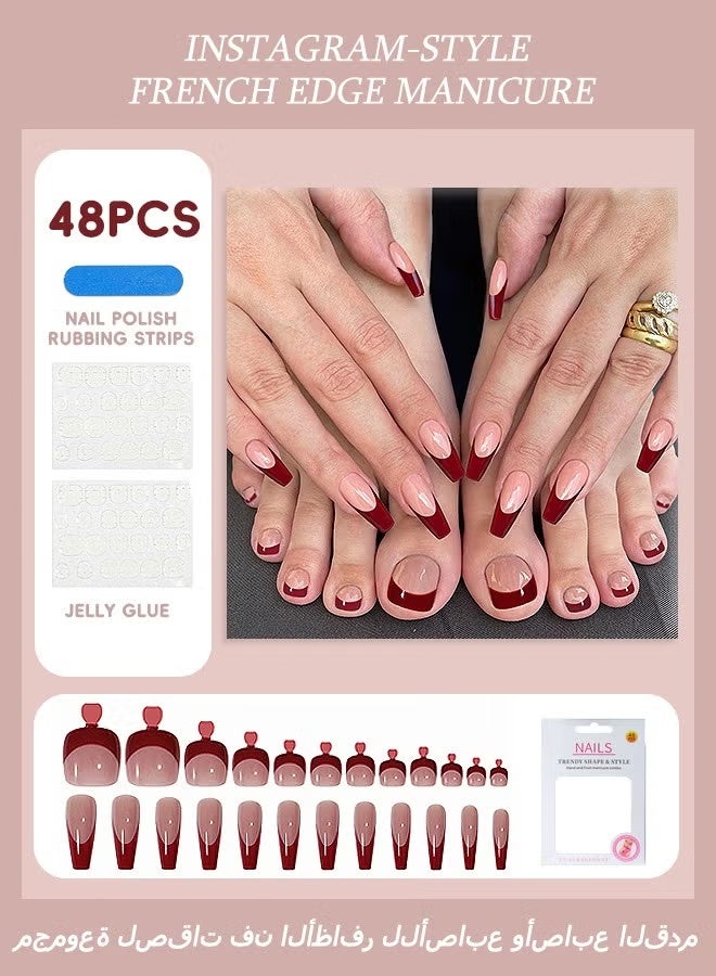 GIFT 48-Piece French Edge Press On Fake Nails, Include Jelly Stickers and Nail File and Small Wooden Stick (Burgundy+Nude Pink) - Image 1