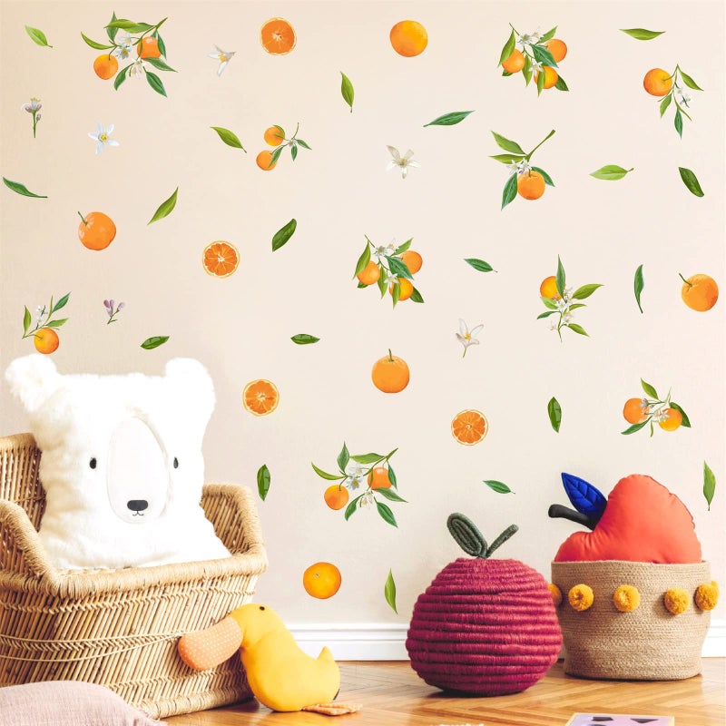 Orange Wall Decals Kitchen Wall Sticker Fruit Wall Stickers Peel and Stick Tangerines Green Leaves Wall Decals Fruit Leaf Wall Stickers for Nursery Bedroom Laundry Decals