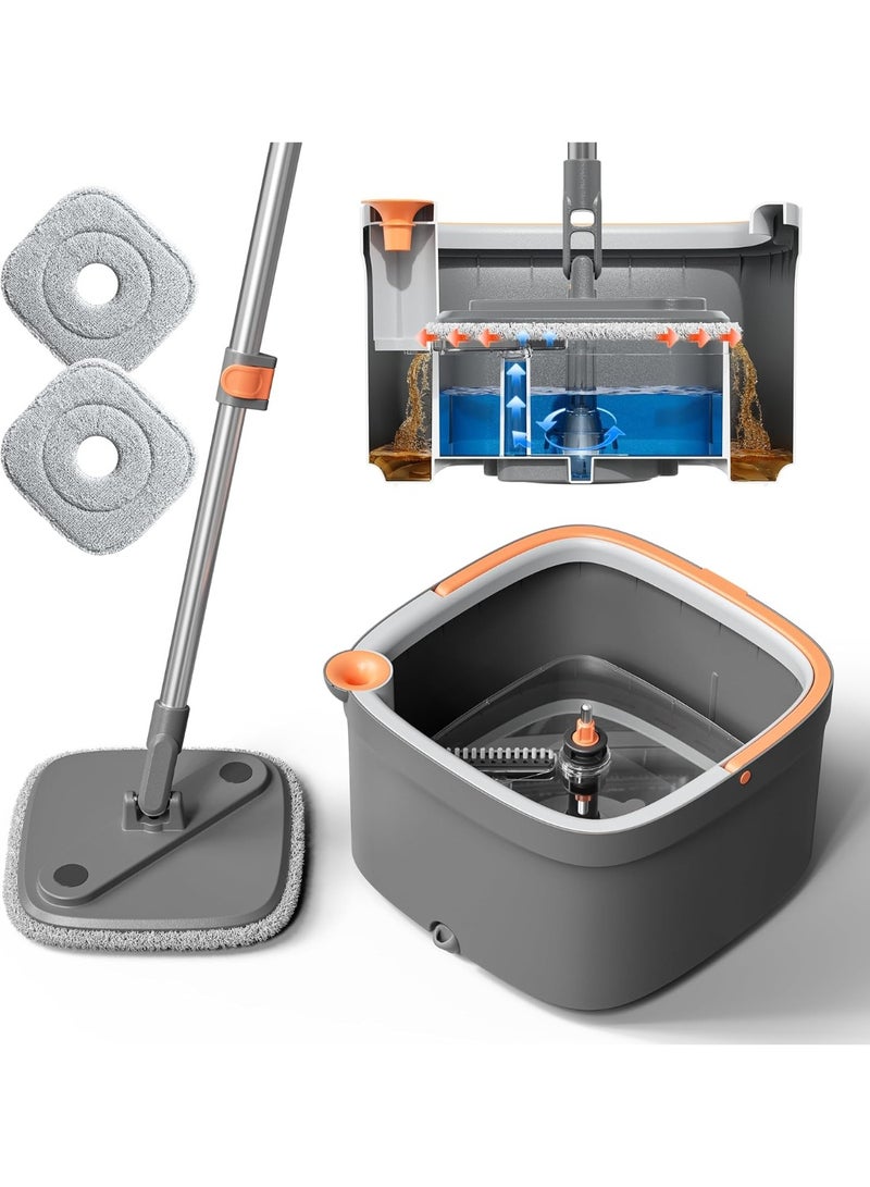 rayze Spin mop and bucket set with 2 replaceable microfiber mop pads, featuring a self-separating dirty and clean water system, and a self-twisting 360° rotating square mop head suitable for hardwood, tile, and marble floors. - Image 1