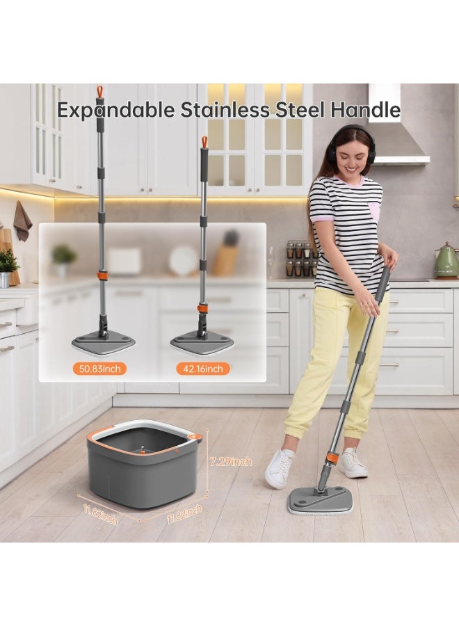 rayze Spin mop and bucket set with 2 replaceable microfiber mop pads, featuring a self-separating dirty and clean water system, and a self-twisting 360° rotating square mop head suitable for hardwood, tile, and marble floors. - Image 4