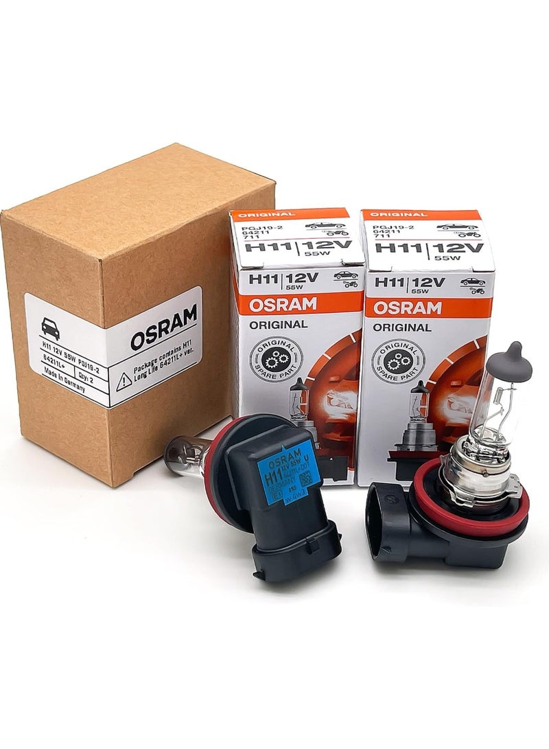 OSRAM H11 OEM Original Standard Halogen Headlight Bulbs 12V 55W 64211L+ (Long Life) Made in Germany | Pack of 2 - Image 1