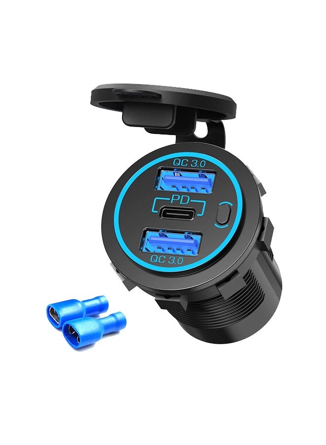 شاحن بمنفذ طاقة 12 فولت QC3.0، منفذ USB A وPD من النوع C لشاحن السيارة ومنفذ الطاقة للسيارة والبحرية والقوارب والشاحنات - Image 1