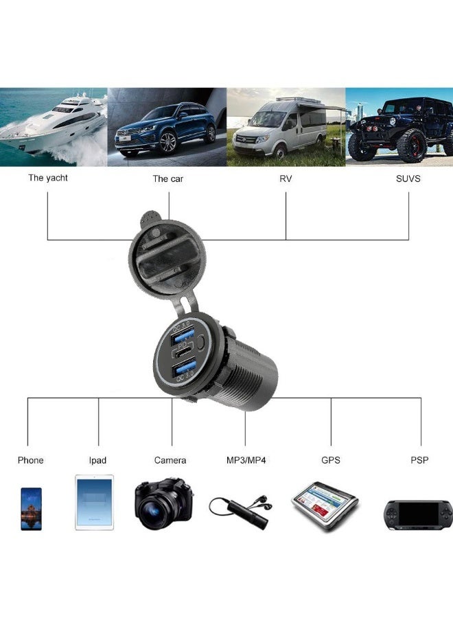 شاحن بمنفذ طاقة 12 فولت QC3.0، منفذ USB A وPD من النوع C لشاحن السيارة ومنفذ الطاقة للسيارة والبحرية والقوارب والشاحنات - Image 4