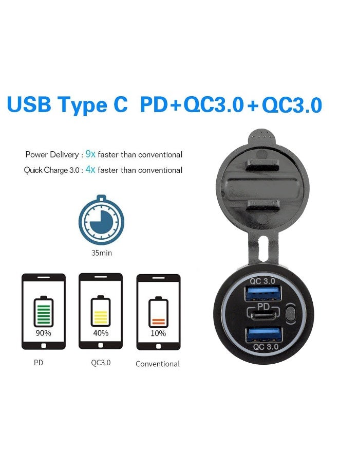 شاحن بمنفذ طاقة 12 فولت QC3.0، منفذ USB A وPD من النوع C لشاحن السيارة ومنفذ الطاقة للسيارة والبحرية والقوارب والشاحنات - Image 3