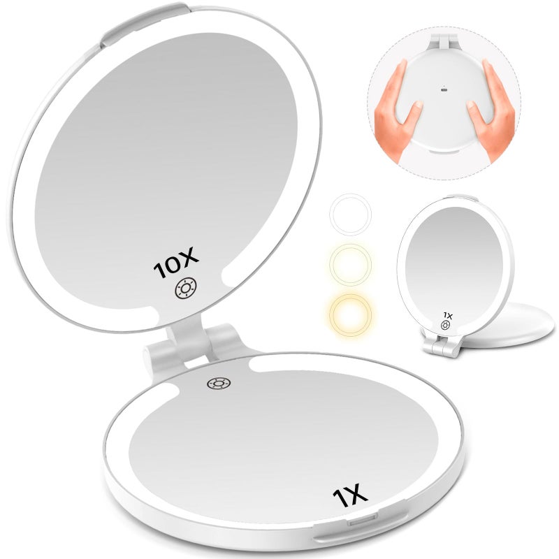 FUNTOUCH 7 Travel Makeup Mirror with Lights 10X Magnifying 3 Color Portable Double Side Vanity Compact Mirror with Rechargeable for Travel Essential Gifts for Lover