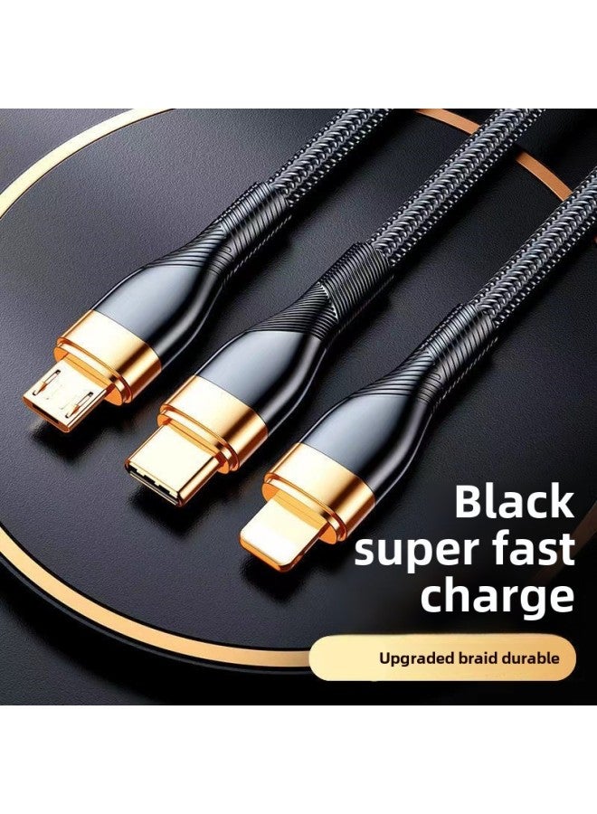 Data Cable Fast Charging Three-in-one One-to-three Charging Cable Is Suitable For Apple Huawei Android Typec Interface-Color:Black  Speed Up 900%-2m - Image 1