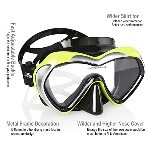 EXP VISION Scuba Diving Mask Anti-Fog Panoramic Snorkel Goggles, Adult Mirror Swim Mask Single Lens Swim Goggles wIith Nose Cover for Diving, Snorkeling, Swimming (Yellow) - Image 3