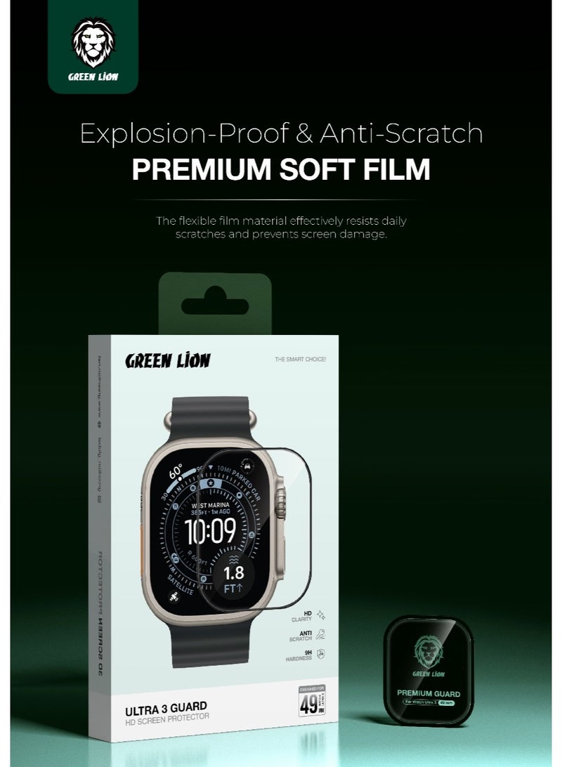 جرين ليون واقي شاشة ثلاثي الأبعاد Ultra 3 لساعة Apple Watch مقاس 49 مم / وضوح عالي / مضاد للخدش / صلابة 9H / حماية كاملة / مضاد لبصمات الأصابع - شفاف - Image 3