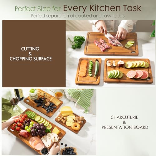 Astercook Deep-Carbonized Bamboo Cutting Boards for Kitchen with Wood Storage Stand, Reversible Charcuterie & Chopping Boards with Juice Grooves and Easy-Grip Handles, Fathers Day Gift for Men - Image 2