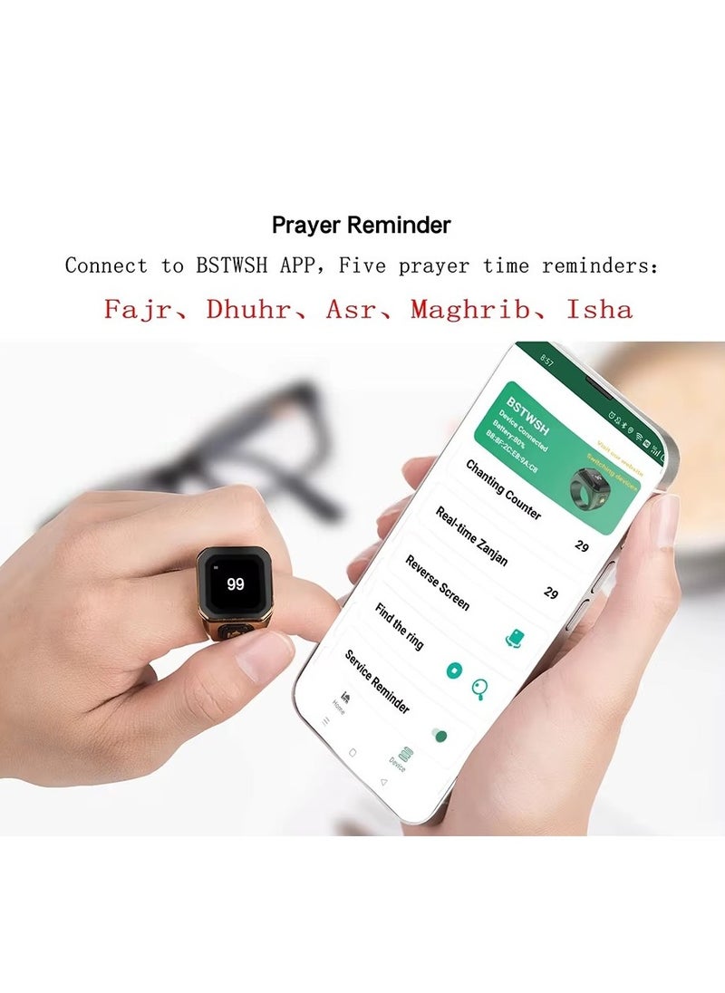 Metal Zinc Alloy Smart Counter Ring for Zikr & Tasbih – Bluetooth-Enabled Digital Tasbeeh Counter with 5 Prayer Time Reminders, OLED Display, Vibration Alerts, and Rechargeable Storage Case - 22mm