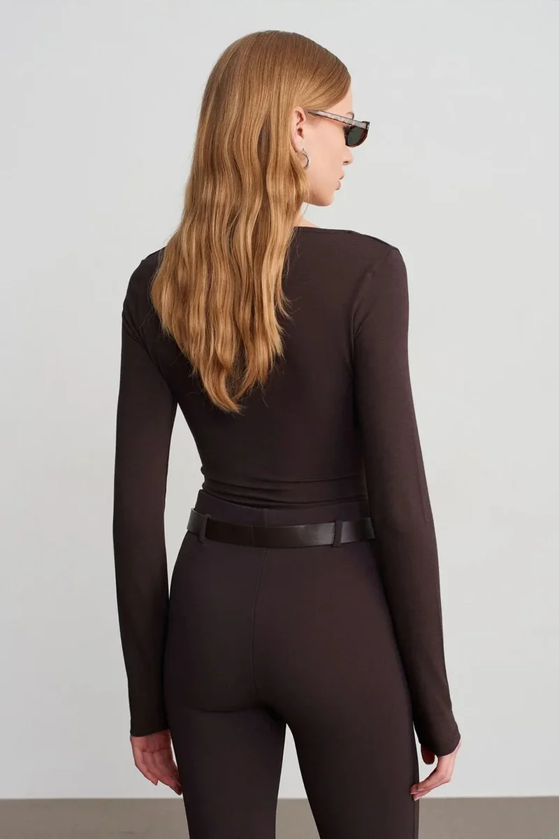 Dilvin Dark Mocha Brown DILVIN Slim Fit V-Neck Knit Blouse for Women | Best Price UAE