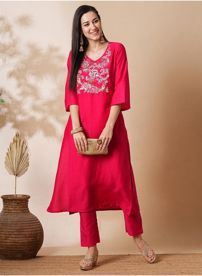 Globus Women Pink Embroidered Yoke Bell Sleeves A-Line Kurta With Straight Trousers - pzsku/Z6CA9C59FDD1CAF9895BEZ/45/_/1740487915/85aed960-4dd4-414f-9976-9ea25fea1256