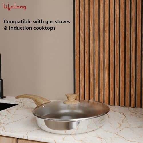 Lifelong TriPly Fry Pan with Glass Lid for Cooking, Stainless Steel - 22 cm Fry Pan with Glass Lid, 1.25 Litre, Induction Bottom and Gas Stove Cookware - (Silver, LLTPFP26) - Image 4