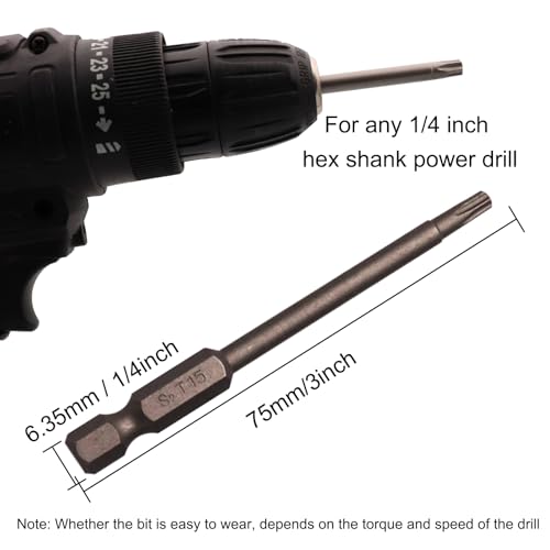 Sipery 10Pcs Magnetic Torx Head Screw Driver Bits 75mm/3inch Long 1/4inch Hex Shank Security Tamper Proof Magnetic Torx Bit (T15) - Image 3