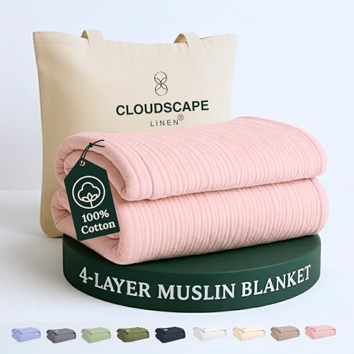 CloudScape Linen Cloud Scape Linen 4 Layer Oversized Muslin Blanket King Size - 100% Cotton, Lightweight & Breathable All Season Blanket for Bed, fits California King, 92x108, Seashell Pink - Image 1