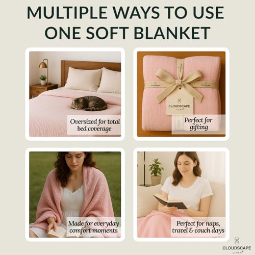 CloudScape Linen Cloud Scape Linen 4 Layer Oversized Muslin Blanket King Size - 100% Cotton, Lightweight & Breathable All Season Blanket for Bed, fits California King, 92x108, Seashell Pink - Image 5