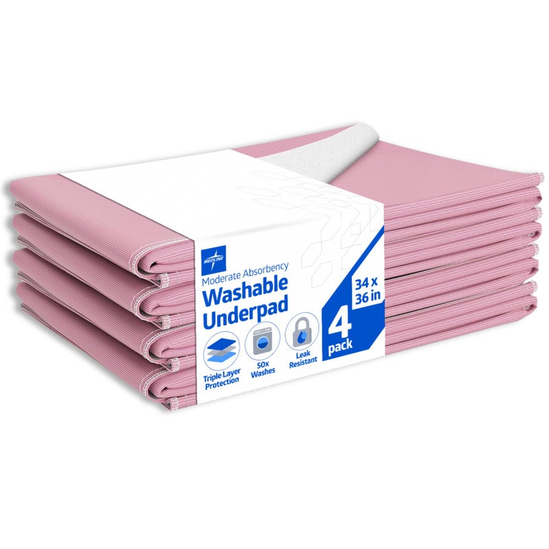 Medline Washable Bed Pads for Incontinence, Large 34 x 36 inch Reusable Underpads, 4 Pack, Pee Pads for Dogs, Adults, Kids and Baby, Pink Sofnit 300 - Image 1