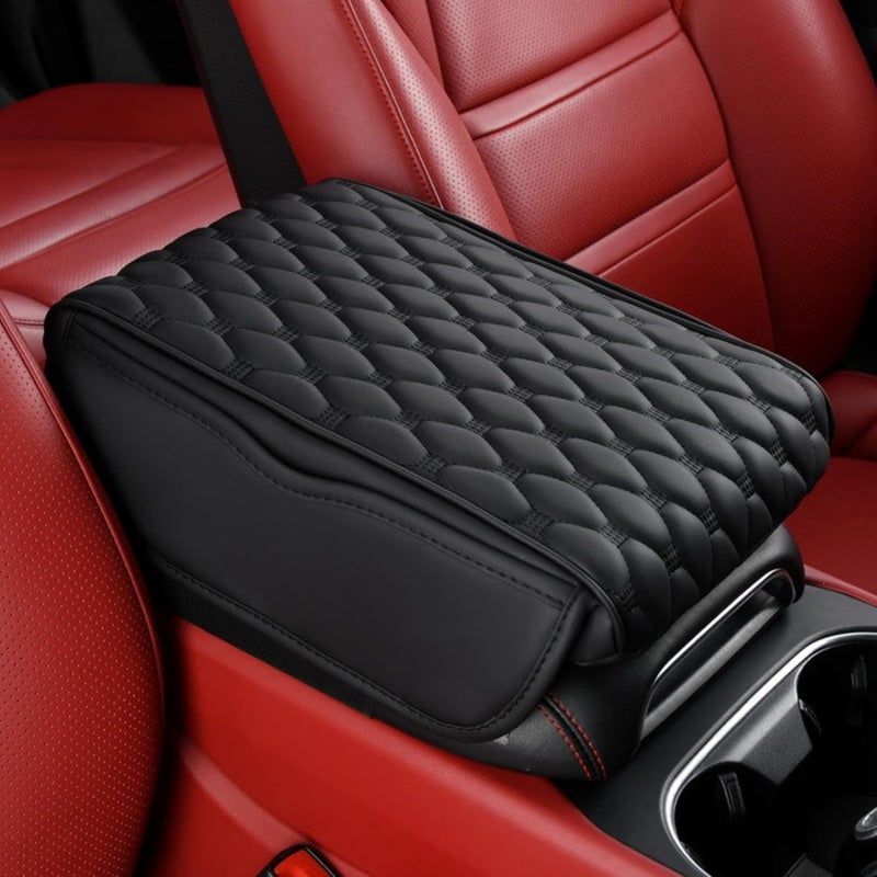 Makeover Car Armrest Cushion Pad Auto Center Console Cover with Storage Bag Memory Foam Arm Rest Console Pad Leather Universal Fit for Most Vehicles (Thick Pad, Black)